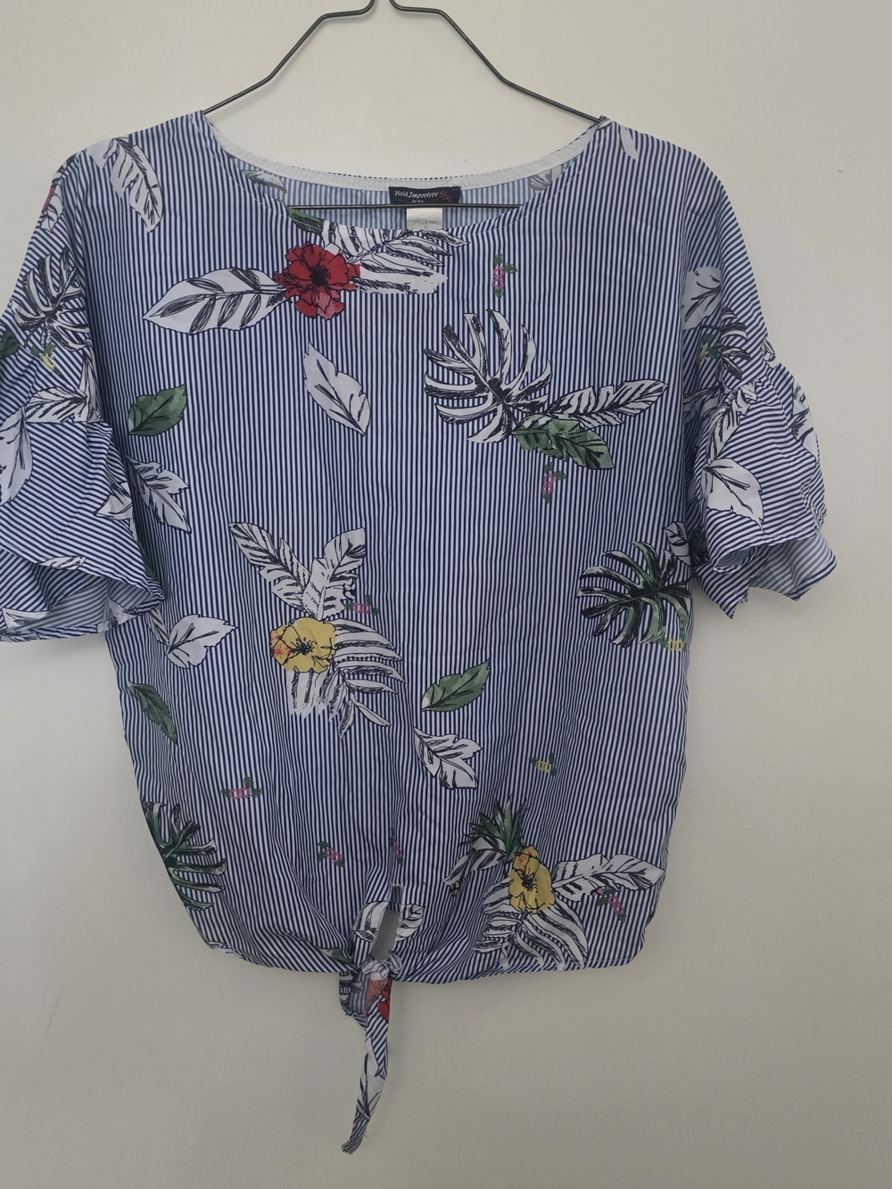 Blue Striped Floral Tie-Front Blouse by No Boundaries